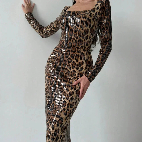 Brown Elegant Women's Sexy Sequin Leopard Print Square Neck Cocktail Dress - Picture 3 of 8